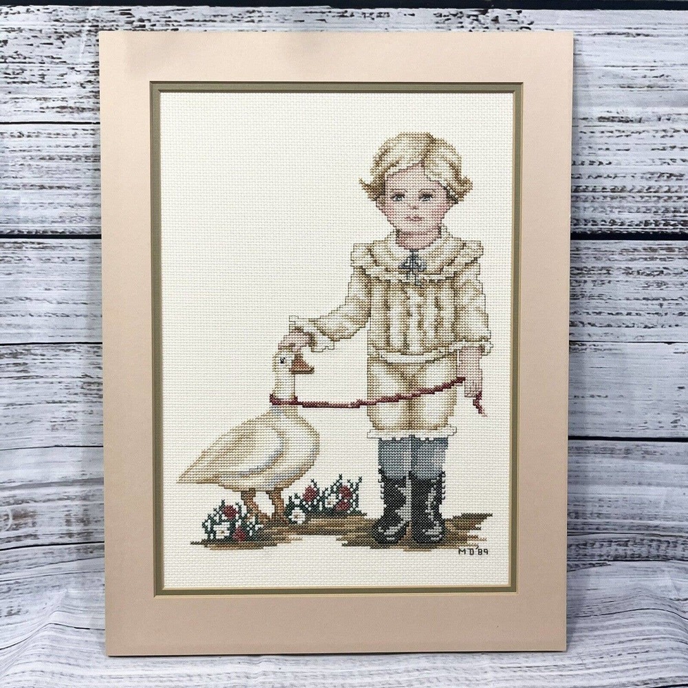Vintage Finished Cross Stitch English Victorian Boy w/ Duck 1989 16x12" Nursery